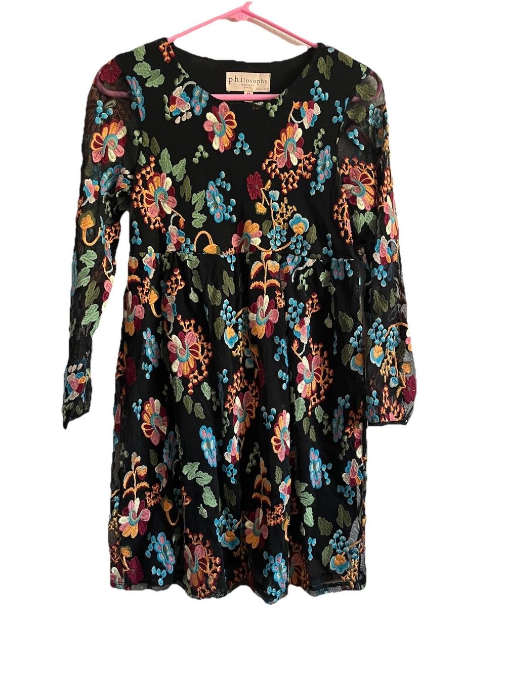 Philosophy Dress PS Black Embroidered Floral Mesh Fit & Flare Dress Petite READ